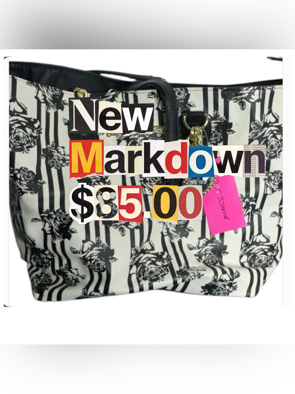 Betsey Johnson Black & White Striped Rose Tote with Charm NWT